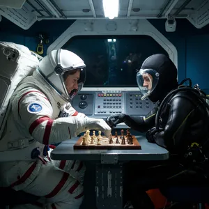 An astronaut and a deep-sea diver playing chess together inside a submarine. - Ideogram Ideogram V2