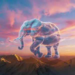 An elephant made of clouds floating in a sunset sky, rendered in a surrealist photorealistic style with ethereal golden lighting and atmospheric depth. - Ideogram Ideogram V2