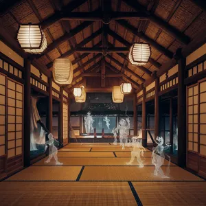 An enchanted bathhouse with glowing lanterns and spirits. Recreate the visual style of 'Spirited Away' by Studio Ghibli, with Miyazaki's ornate architecture and magical atmosphere. - Ideogram Ideogram V2