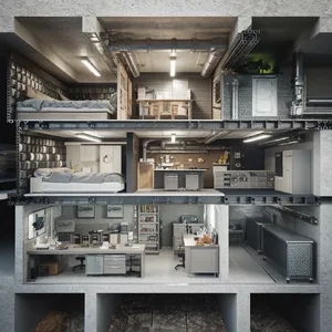 Cross-section rendering of a multi-level underground bunker with different functional areas, structural support systems, ventilation, and power generation facilities visible. - Ideogram Ideogram V2