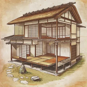Cutaway architectural drawing of a traditional Japanese machiya townhouse showing all rooms and structural elements. Include accurate proportions, traditional joinery, and typical spatial organization. - Ideogram Ideogram V2