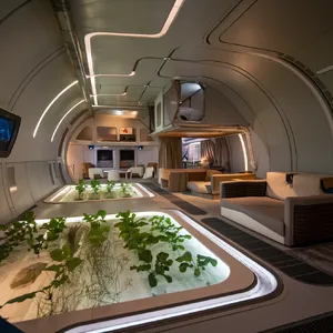 Interior of a futuristic space habitat with hydroponics gardens, communal areas, and living quarters. Show curved walls, artificial gravity considerations, and multipurpose furniture designs. - Ideogram Ideogram V2