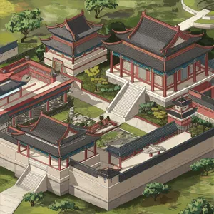 Isometric architectural illustration of an ancient Chinese temple complex showing multiple pavilions, gardens, and ceremonial spaces. Include proper roof structures and traditional ornamentation. - Ideogram Ideogram V2