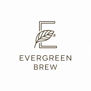 Minimalist logo for a sustainable coffee brand 'Evergreen Brew', single leaf motif, clean lines, vector style, white background. 'Evergreen Brew' contained as text in logo - Ideogram Ideogram V2