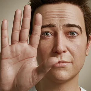 Photorealistic close-up portrait of a person clearly performing the American Sign Language gesture for 