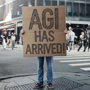 Photorealistic daytime street photograph, clearly showing a man standing still on a busy urban street corner holding a rectangular cardboard sign clearly facing camera, handwritten bold black marker text clearly readable as 
