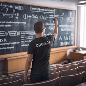 Photorealistic depiction of a man wearing a clearly visible black OpenAI-branded T-shirt. He is standing at the front of a university lecture hall, writing complex mathematics and AI-related equations across a large, dusty chalkboard filled with notation - Ideogram Ideogram V2