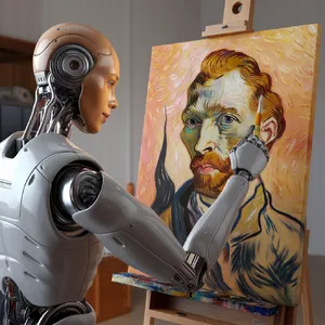 Photorealistic image of a robot painting a realistic self-portrait (i.e. the robot) on canvas, mimicking Van Gogh’s art style; clear, realistic metallic textures and painting details visible - Ideogram Ideogram V2