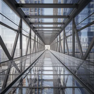 Photorealistic rendering of a contemporary glass skybridge between two skyscrapers, seen from inside with city views visible through glass walls and floor. Show accurate reflections and structural details. - Ideogram Ideogram V2