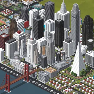 Pixel art cityscape of San Francisco in the iconic SimCity 2000 style, isometric view, detailed skyscrapers, residential areas, clearly identifiable Golden Gate Bridge, Coit Tower, Transamerica Pyramid, surrounded by the classic SimCity 2000 UI elements - Ideogram Ideogram V2