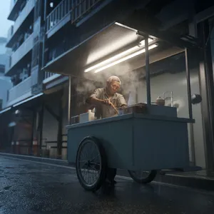 Rain-slicked Singapore street, 3 AM. A lone elderly hawker cleans his cart under one flickering fluorescent light. Steam rises gently. Low-angle shot, photorealistic - Ideogram Ideogram V2