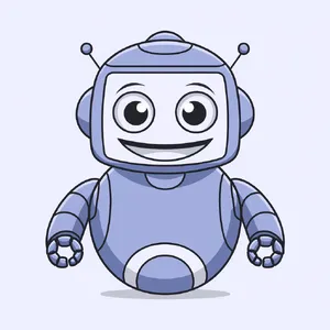 Simple flat vector mascot: friendly smiling robot character 'HelperBot', approachable design, primarily blue and white. - Ideogram Ideogram V2