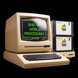 Vintage Apple II computer with green monochrome CRT screen, displaying 'END OF WORLD PROCEDURES' in green text. Two external floppy drives stacked on the right, labeled disk II with rainbow Apple logos. Beige casing, black background, retro aesthetic. - Ideogram Ideogram V2