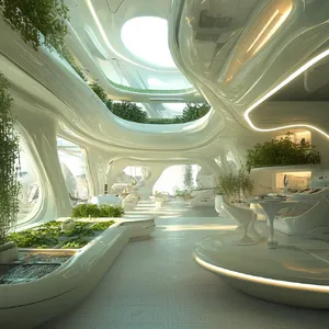 Interior of a futuristic space habitat with hydroponics gardens, communal areas, and living quarters. Show curved walls, artificial gravity considerations, and multipurpose furniture designs. - Midjourney Midjourney V6.1