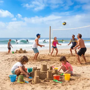 A beach scene: adults playing volleyball, kids building sandcastles, and surfers riding waves. - Krea Krea 2 Large