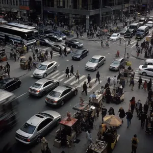 A busy city intersection with cars, pedestrians, and street performers all in one frame. - Krea Krea 2 Large