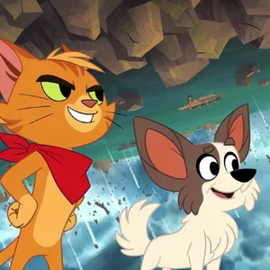 A cartoon of a cat and a dog on an adventure, drawn in a colorful 2D style. - Krea Krea 2 Large