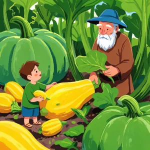 A child and elder tending oversized vegetables in a garden. Reproduce the artistic style of Studio Ghibli, with their distinctive character proportions and detailed plant illustrations. - Krea Krea 2 Large