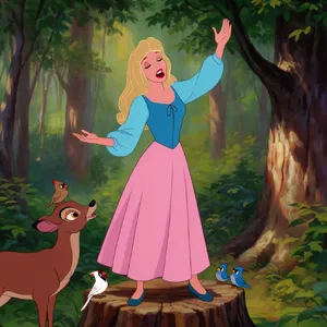 A classic Disney-like 2D cartoon princess singing with animals in a forest. - Krea Krea 2 Large