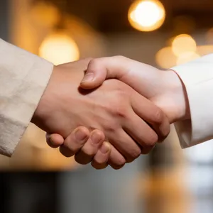 A close-up of two people shaking hands, both hands fully visible with five fingers each, in sharp focus against a blurred background. - Krea Krea 2 Large