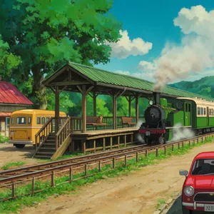 A countryside train station with a cat waiting on a bench. Rendered in Studio Ghibli animation style with Miyazaki's watercolor backgrounds and hand-drawn quality. - Krea Krea 2 Large