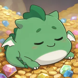 A cute chibi-style dragon sleeping on a pile of gold. - Krea Krea 2 Large