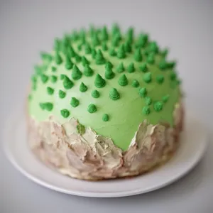 A dessert cake that looks like a tiny planet, complete with miniature trees and mountains, photographed in a professional food photography style with tilt-shift focus effect. - Krea Krea 2 Large