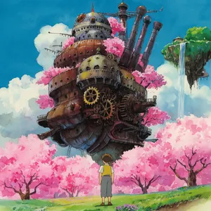 A floating steampunk castle in the sky with intricate mechanical gears and cherry blossom trees, illustrated in Hayao Miyazaki's Castle in the Sky (1986) art style with watercolor textures and detailed line work. - Krea Krea 2 Large