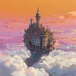 A flying castle floating in clouds at sunrise. Match the visual aesthetic of 'Howl's Moving Castle' by Studio Ghibli, with Miyazaki's blend of steampunk elements and fantasy. - Krea Krea 2 Large
