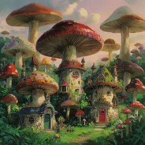 A forest of giant mushrooms with houses built on top of them, rendered in a whimsical Studio Ghibli-inspired art style with vibrant colors and fantastical details. - Krea Krea 2 Large