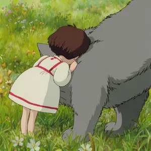 A girl and a giant fluffy creature napping in a wildflower meadow. Reproduce the art style of 'My Neighbor Totoro' by Studio Ghibli, with Miyazaki's soft character designs. - Krea Krea 2 Large