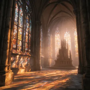 A Gothic cathedral interior at sunset with light streaming through detailed stained glass windows, creating colored patterns on stone floors and columns. Show accurate ribbed vaulting. - Krea Krea 2 Large