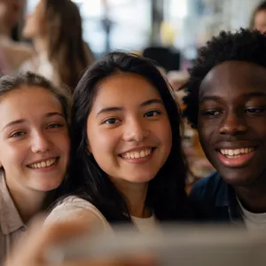 A group selfie of three friends of different ethnic backgrounds smiling at the camera. - Krea Krea 2 Large