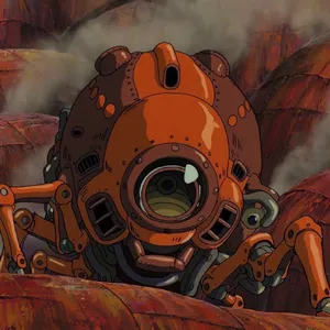 A mechanical creature in a polluted landscape. Capture the visual aesthetic of 'Nausicaä' by Studio Ghibli, with Miyazaki's mechanical designs and environmental contrast. - Krea Krea 2 Large