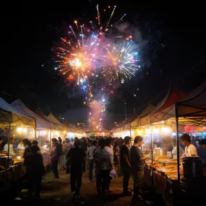 A nighttime festival with fireworks in the sky, food stalls lined up, and crowds mingling. - Krea Krea 2 Large