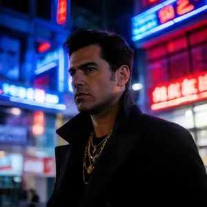 A nighttime portrait of a man lit by neon signs on a city street. - Krea Krea 2 Large