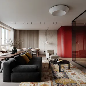 A photorealistic interior of a modern Scandinavian-style living room with natural light streaming through floor-to-ceiling windows. Show detailed wood textures, fabric materials, and proper light reflections. - Krea Krea 2 Large