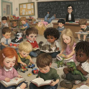 A school classroom of children and a teacher, each student engaged in a different activity. - Krea Krea 2 Large