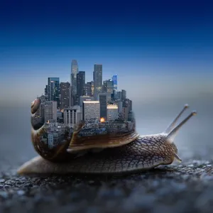 A snail whose shell contains a miniature city skyline, depicted in a hyperrealistic macro photography style with intricate architectural details and ambient lighting. - Krea Krea 2 Large