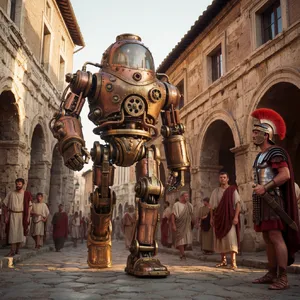 A steampunk robot time-traveling in ancient Rome, depicted in a detailed cinematic style that blends historical accuracy with copper and brass retrofuturistic aesthetics. - Krea Krea 2 Large