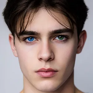 A studio headshot of a young man with one blue eye and one green eye (heterochromia). - Krea Krea 2 Large