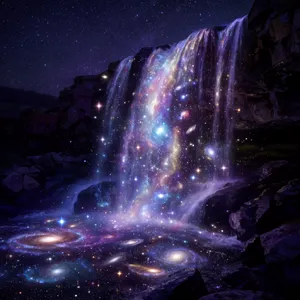 A waterfall that pours out stars and galaxies instead of water, illustrated in a cosmic fantasy style with vibrant space colors and dramatic lighting effects. - Krea Krea 2 Large
