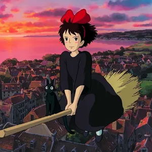 A young witch flying on a broomstick above a coastal town at sunset. Exact art style of 'Kiki's Delivery Service' by Studio Ghibli, with Miyazaki's character design and warm colors. - Krea Krea 2 Large