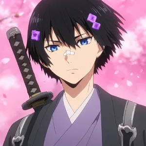 An anime-style portrait of a samurai standing under pink cherry blossoms. - Krea Krea 2 Large