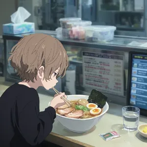 An anime scene of a character eating ramen at a small shop counter (slice-of-life style). - Krea Krea 2 Large