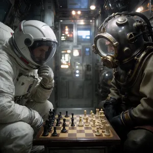 An astronaut and a deep-sea diver playing chess together inside a submarine. - Krea Krea 2 Large