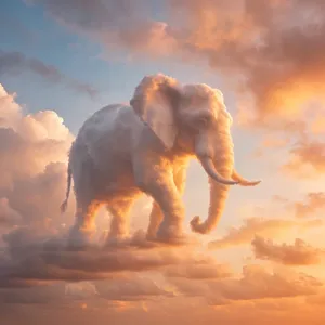 An elephant made of clouds floating in a sunset sky, rendered in a surrealist photorealistic style with ethereal golden lighting and atmospheric depth. - Krea Krea 2 Large