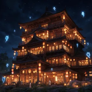 An enchanted bathhouse with glowing lanterns and spirits. Recreate the visual style of 'Spirited Away' by Studio Ghibli, with Miyazaki's ornate architecture and magical atmosphere. - Krea Krea 2 Large