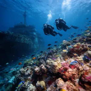 An underwater scene with scuba divers exploring a coral reef alongside colorful fish and a sunken ship. - Krea Krea 2 Large