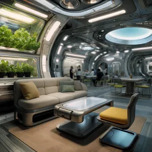 Interior of a futuristic space habitat with hydroponics gardens, communal areas, and living quarters. Show curved walls, artificial gravity considerations, and multipurpose furniture designs. - Krea Krea 2 Large